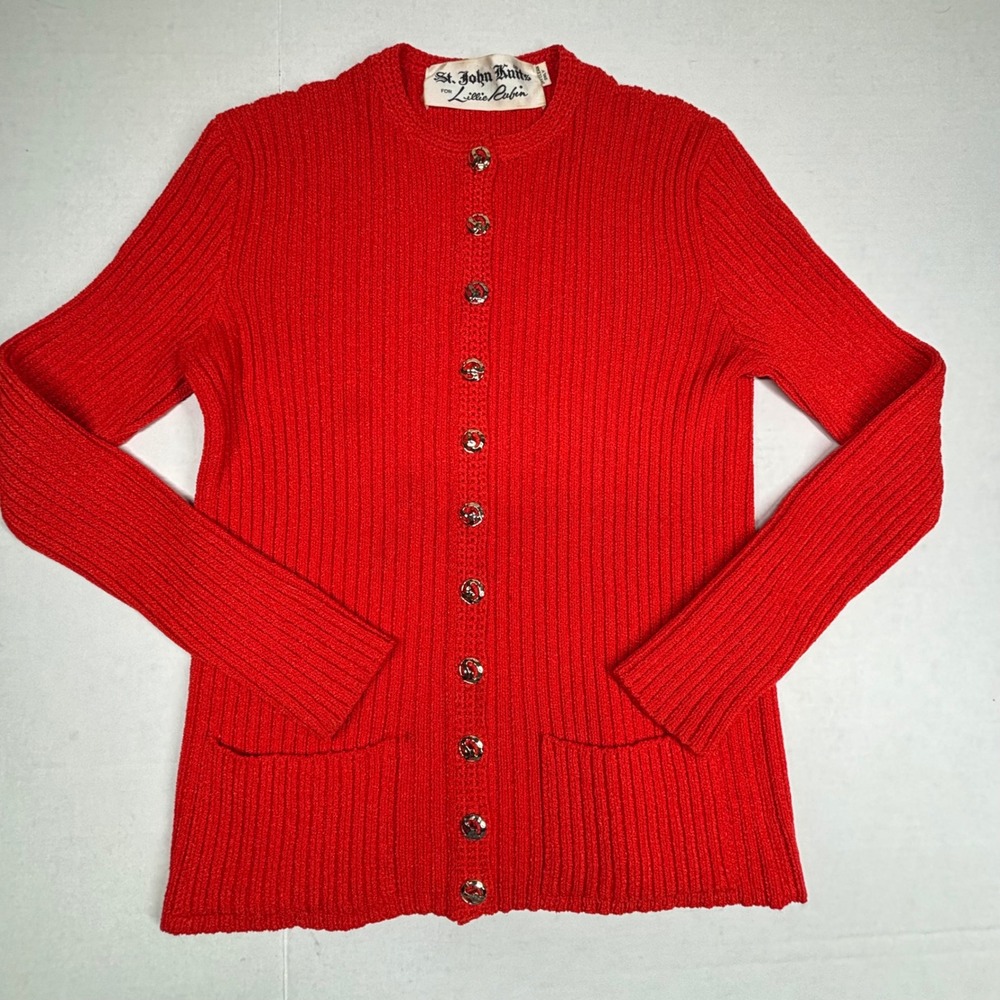 Vintage St. John Knits‎ Red Santana Knit Cardigan SJ Gold Buttons Career *READ